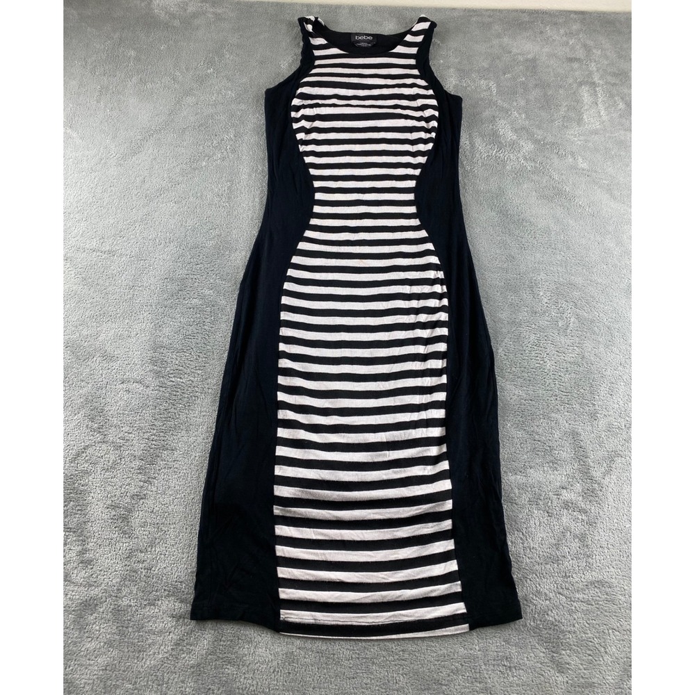 Bebe Black White Striped Sleeveless Maxi‎ Dress Made in USA XXS